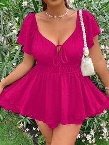 Flirla Tuta corta da donna taglie forti, con collo a cuore, coulisse in vita, vita elastica, doppio volant sull'orlo, maniche corte, adatta per appuntamenti estivi e viaggi - Fucsia - Visualizzare 6