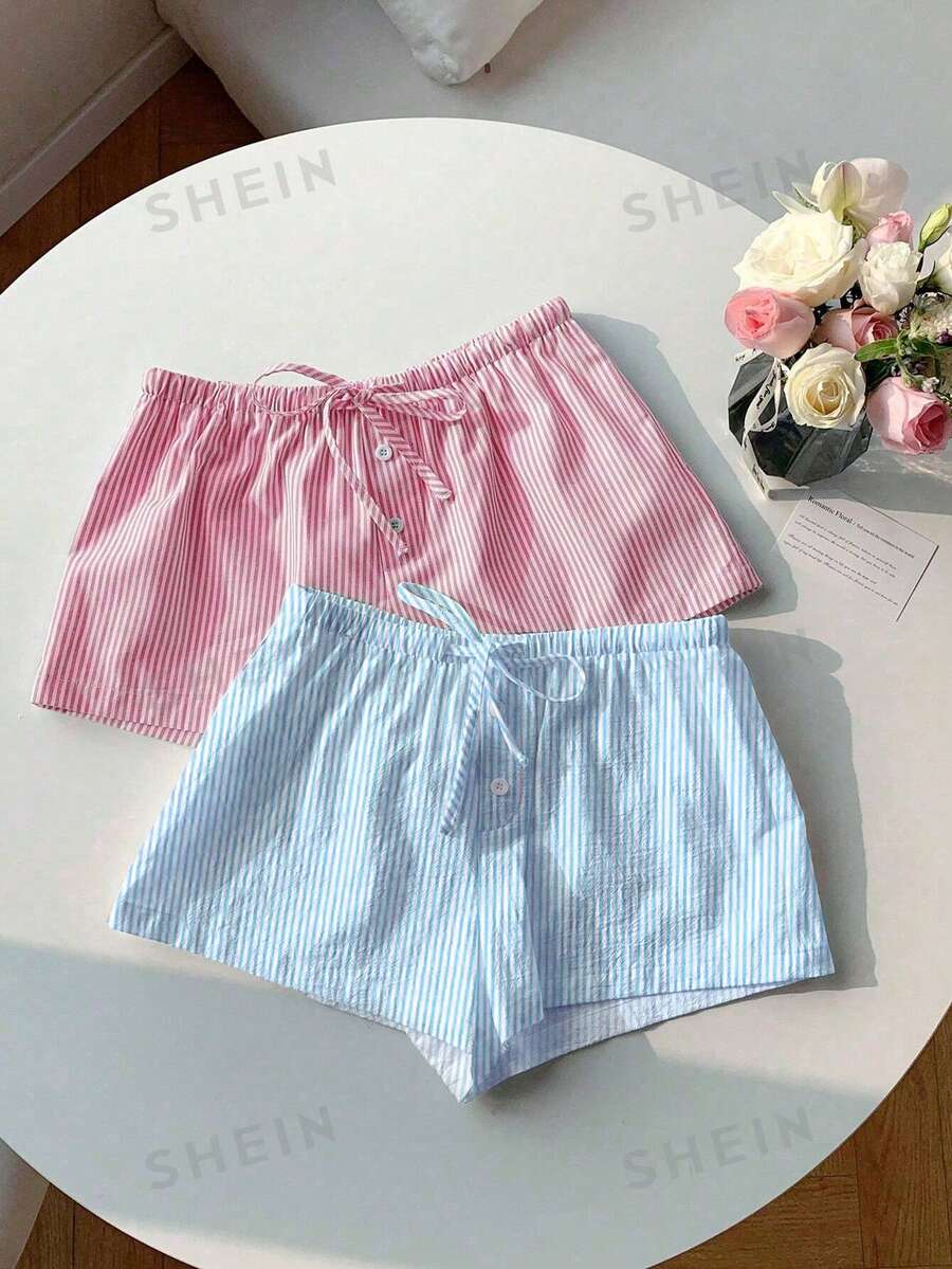 Comfortcana 2pcs Women Casual Button, Tie-Front Shorts Set, Suitable For Summer - Multicolor - View 1