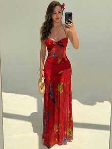 Aloruh 浪漫印花连衣裙，细肩带露背设计，适合约会、度假、春夏穿着。 - 酒紅色 - 查看 6