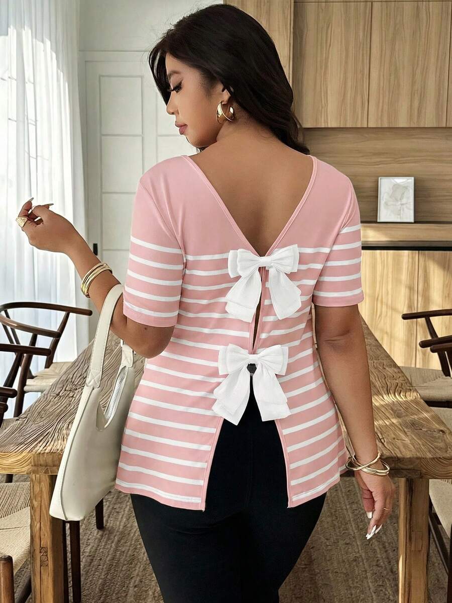 Weeklong Plus Size Bow Decor Round Neck Black & White Striped Knit Casual T-Shirt - Multicolor - View 1