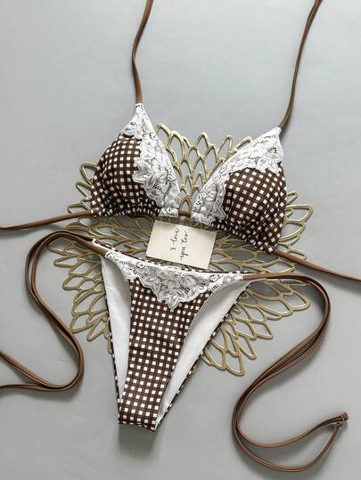 Swim Mod Bộ bikini 2 mảnh màu nâu kẻ caro dành cho nữ, kiểu cổ yếm, viền ren, buộc dây bên hông và đính hạt, thích hợp mặc đi biển mùa hè.