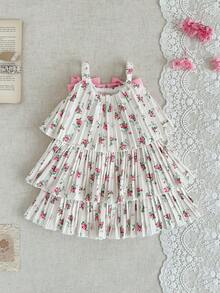 SHEIN Vintaside Kids Baby Girl Fashion Cute Sleeveless Pleated Cake Skirt, Summer Gradient Color Sling Design, Suitable For Party Vacation - Pink - View 2