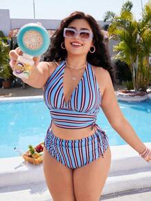 Swim Mod Bộ bikini cạp cao cổ chữ V sâu, dây rút bên hông, họa tiết sọc nhiều màu sắc mới năm 2026, trang phục đi biển gợi cảm. - Nhiều màu - Xem 5