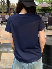 K-Vae Camiseta de manga corta con hombros regulares, sexy, estilo estadounidense. Blusa de mujer con cuello redondo y diseño elegante - Azul Marino - Ver 2
