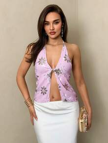 SHEIN Glamour Women's Summer Vacation Sequin Floral Embroidery Halter Backless Blouse - Pink - View 1