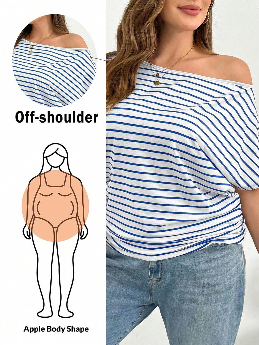 SHEIN Essnce 大码女装春夏时尚休闲宽松舒适修身日常黑白条纹露肩短袖T恤，简约风格，欧式夏季，工作上衣，度假女装，夏季女式上衣，露肩上衣 - 藍色 - 查看 1