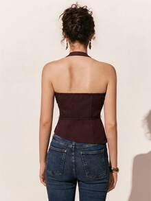 Poéselle 女士纯色腰带时尚吊带背心 - 咖啡棕 - 查看 7