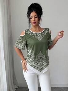 SHEIN Elenzya 优雅度假通勤黑白不对称下摆女士短袖衬衫 - 橄欖綠 - 查看 4