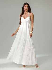 SHEIN Tall Đầm dài cổ buộc dây màu trơn tối giản dành cho nữ, thích hợp mặc hàng ngày. - trắng - Xem 5