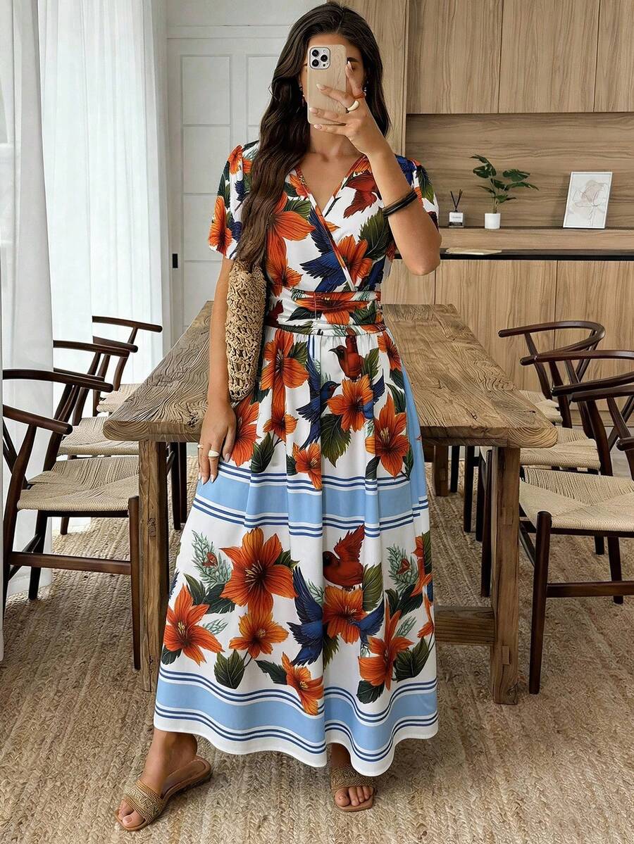 EMERY ROSE Women's Shirred Bell Sleeve Cinched Waist A-Line Dress, Printed, Spring/Summer - Multicolor - View 1