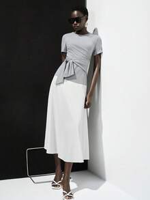 Lumivelle Gray French Style Pleated Tie-Waist Short Sleeve A-Line Dress, Casual Slimming Elegant Long Dress - Multicolor - View 7