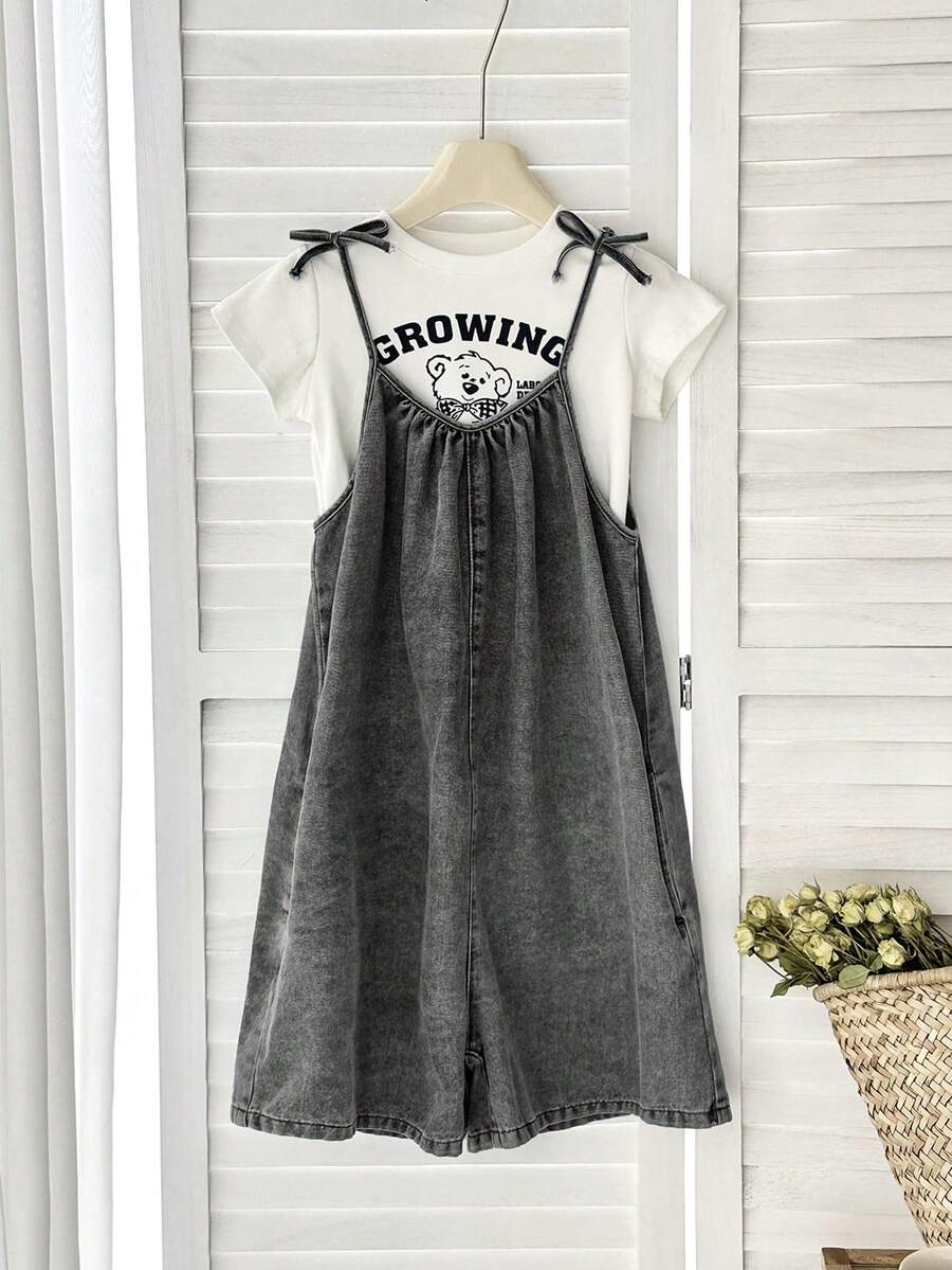 SHEIN 少女纯色休闲牛仔连体裤 - 黑色 - 查看 1