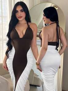 SHEIN SXY 女士深V领褶皱撞色拼接紧身吊带连衣裙 - 彩色 - 查看 7