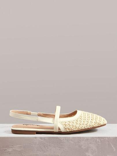 Styleloop Zapatos planos sin cordones para mujer, zuecos de talón abierto, decoración de tira transpirable tejida, puntera cuadrada cómoda y elegante, estilo de vacaciones, esencial de viaje, bohemio