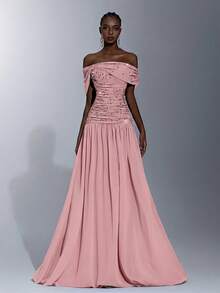 Elegant High-Stretch Tulle Off-Shoulder Waist-Slimming Ruched Handcrafted Beaded Rhinestone A-Line Dress, Suitable For Dates, Vacations, Singles Parties, Weddings, Formal Galas - Pink - View 2