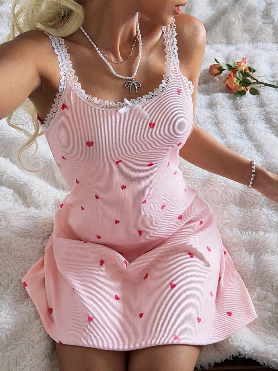 CottageSlumber Pink Women's Nightgown With Heart, Fine Rib Texture, Silk Contrast Lace, Romantic Spaghetti Strap Dress - Pink - View 1