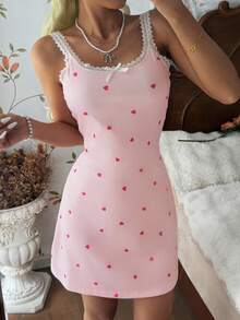 CottageSlumber Pink Women's Nightgown With Heart, Fine Rib Texture, Silk Contrast Lace, Romantic Spaghetti Strap Dress - Pink - View 4