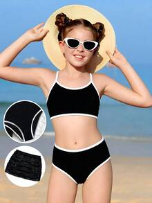 SHEIN 三件套女童比基尼套装，特殊面料，夏季沙滩儿童泳装，分体式泳衣套装，适合游泳池、海滩、冲浪、度假等场合。 - 彩色 - 查看 3