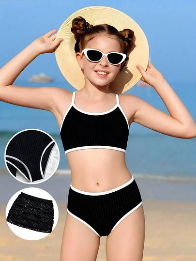 SHEIN Bộ bikini 3 món cho bé gái, chất liệu đặc biệt, đồ bơi mùa hè cho trẻ em, bộ đồ bơi riêng biệt thích hợp cho hồ bơi, bãi biển, lướt sóng, kỳ nghỉ.