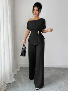 Elenzga 优雅新款都市时尚女装春夏藏蓝色不对称单肩金属扣腰阔腿裤，适合日常穿着、婚礼、晚宴、通勤、毕业派对、节日、约会、聚会、万圣节、圣诞节、新年、感恩节、婚礼女士两件套 - 黑色 - 查看 5