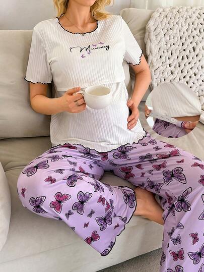 Moonlight&Mama Conjunto de pijama de maternidad de top de manga corta y pantalones con estampado de mariposa de punto acanalado, amigable para la lactancia, cómodo para usar en casa