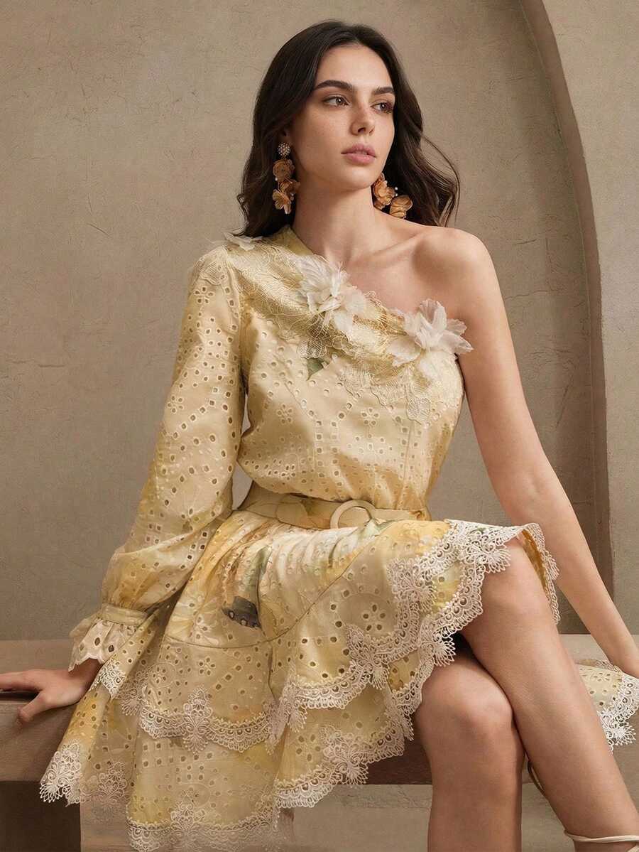Anewsta Đầm lệch vai, tay phồng, thêu họa tiết, thắt lưng phụ kiện, họa tiết hoa ghép mảnh, kiểu dáng thanh lịch, thích hợp cho lễ hội, đi chơi, nghỉ mát dành cho nữ. - Màu be - Xem 1