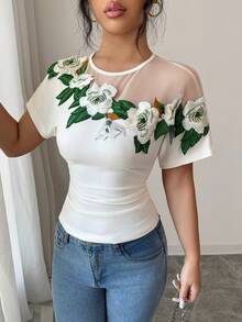 Elenzga Crew Neck Short Sleeve Fitted Elegant Floral Decor Summer T-Shirt - Apricot - View 7