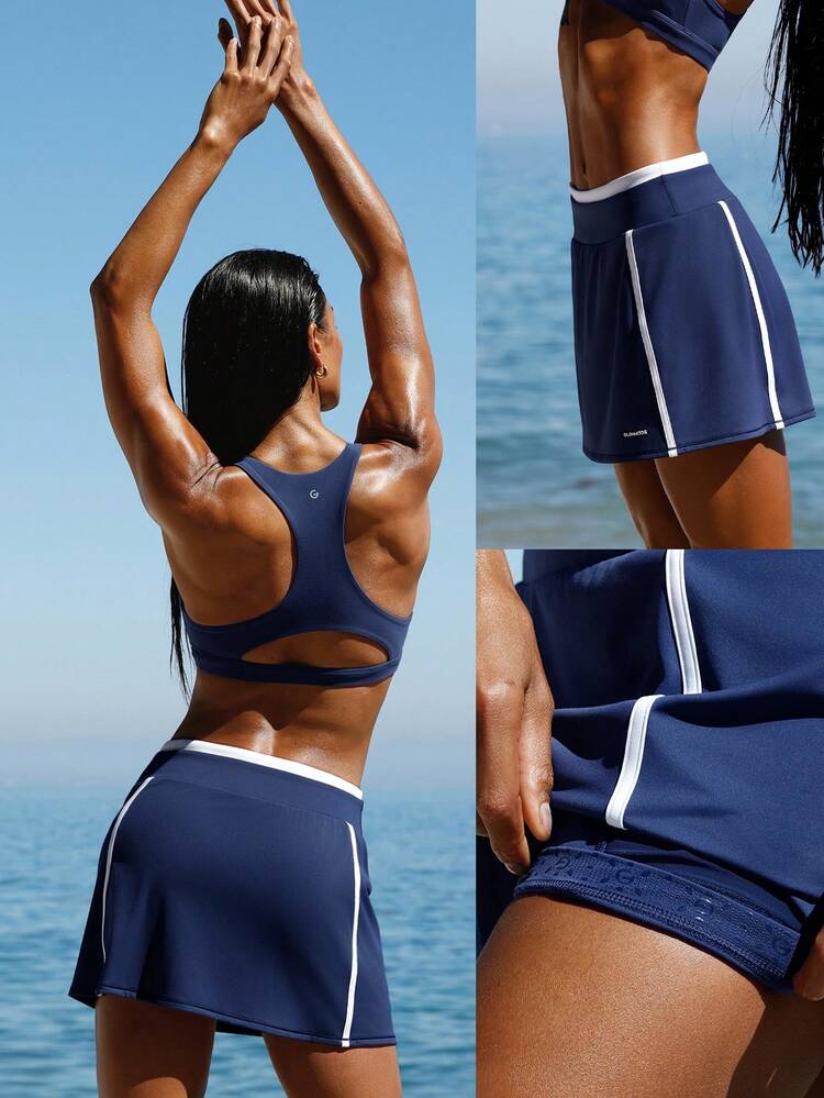 Breeze & Play Contrasting Double Waistband Piping Built-In Shorts Side Pockets A-Line Mini Skirt Vacation Holiday Summer Travel Beach Daily Casual Wear
