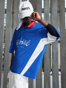 NEON BLANC Camiseta casual de manga corta con estampado de letras y parches para hombre - Azul - Ver 5