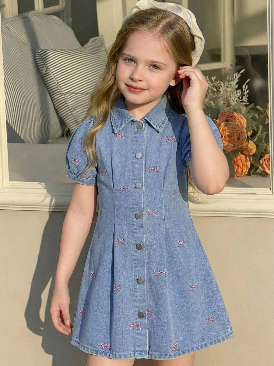 Elladie kids 少女蝴蝶結刺繡牛仔洋裝 藍色 秋季 開學季 泡泡袖 翻領 單排釦 A字版型 甜美公主風牛仔裙