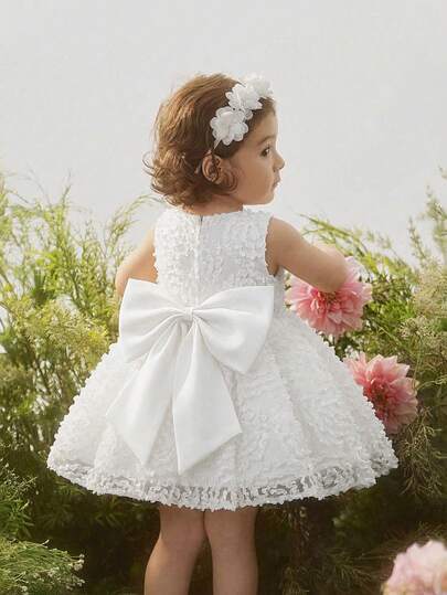 Souflis Souflis Baby Girls' Pink Floral Embroidered Mesh Satin Dress With Bow Back, Infant Birthday Party Wedding Banquet Stage Performance Holiday Outfit