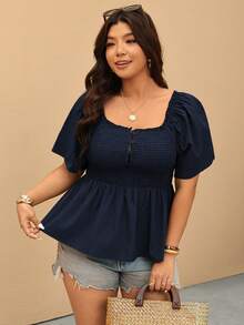 Elaquor Plus Size Women Vacation Solid Color Square Neck Button Down Shirred Ruffle Hem Blouse - Navy Blue - View 6