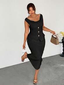 Firerie Plus Size Loose Neck Sleeveless Minimalist Design Elegant 2 Pieces Set, Summer - Black - View 4