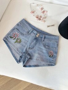 Elamini Quần short denim nữ thường ngày, có túi và họa tiết thêu hoa. - Rửa nhẹ - Xem 3
