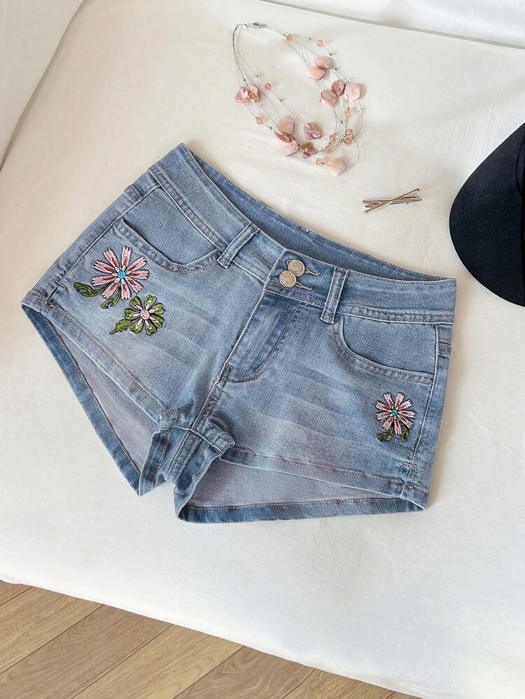 Elamini Shorts Denim Casuais do Dia a Dia para Mulheres com Bolsos e Bordado Floral - Lavagem clara - Visão 3