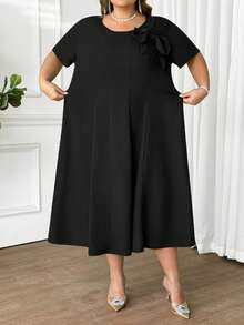 SHEIN CURVE+ Plus Size Women's Solid Color Bow Decor Round Neck Short Sleeve Elegant Mid-Length Dress - Black - View 5