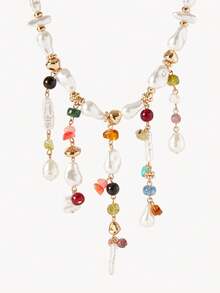 Opalesca Ladies Fashion Necklace, Premium/Elegant/Noble/Everyday/Minimalist, Pearl/Crystal, Summer/Beach/Prom/Party/Vacation/Vacation, Engagement/Wedding/Commitment, Bride, Heart/Floral, Fairy/Mermaid Style (Random Bead Color, Random Stone Shape) - Multicolor - View 2
