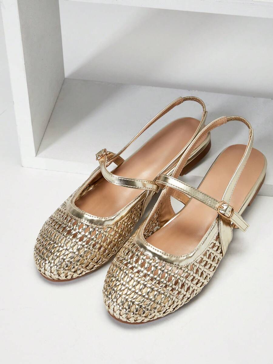 SHUZIA Ladies Elegant Crochet Woven PU Mary Jane Slingback Mules - Gold - View 1