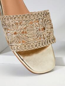 SHUZIA Sandal đế bằng bằng da giả đan móc thoải mái, kiểu dáng thường ngày dành cho nữ. - Vàng - Xem 6