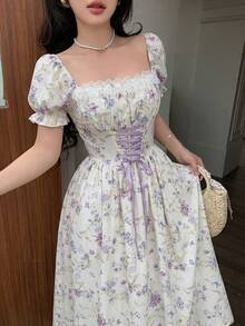 Glamine 浪漫粉色花卉拼接荷叶边领口花瓣袖系带腰身优雅度假长裙 - 紫色 - 查看 4