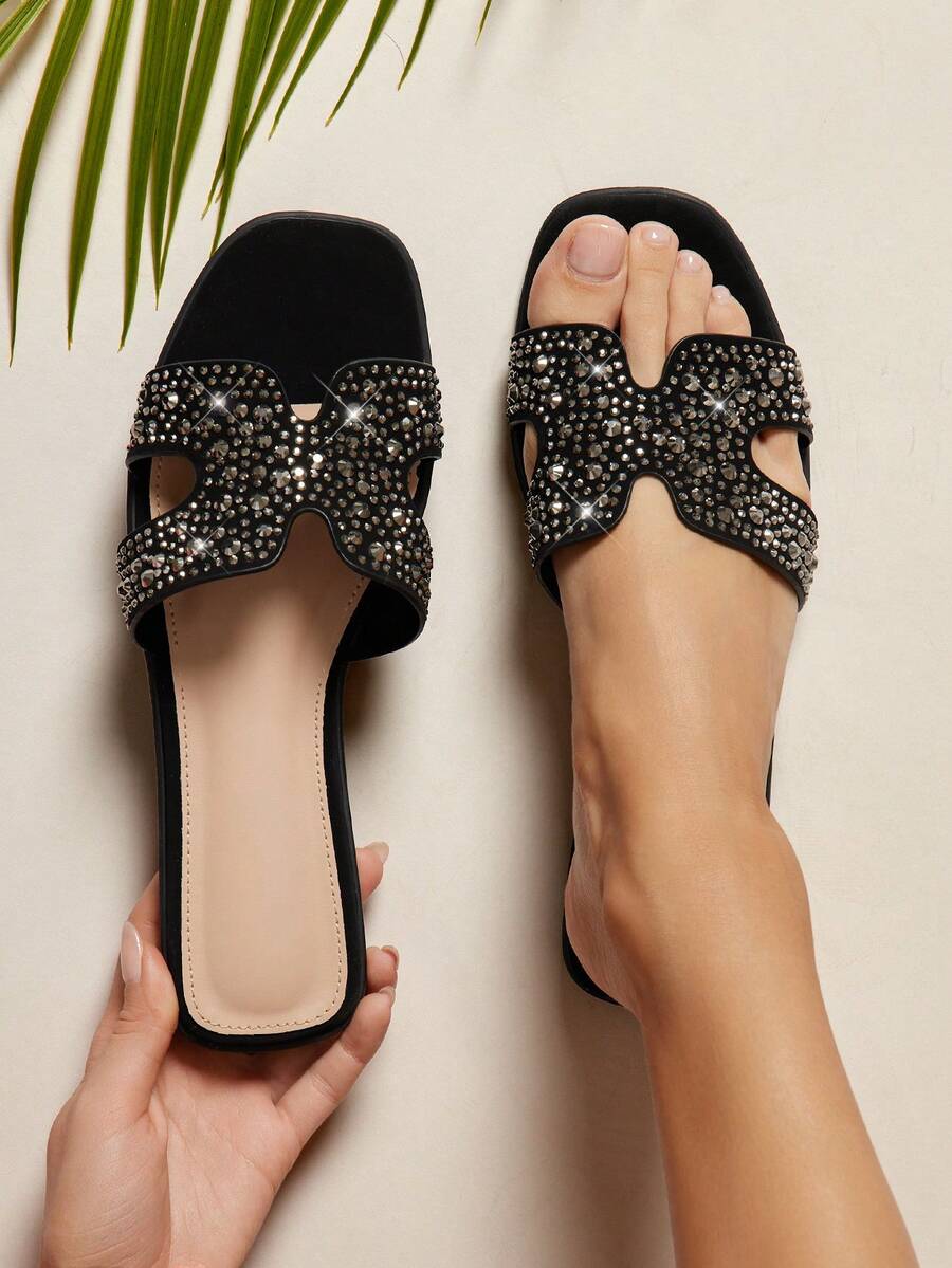 SHUZIA Women's Rhinestone Embellished Open Toe Flat Heel H-Design Rhinestone Black Slides – Chic, Comfortable & Timeless Essential For Christmas Valentine's Day - Black - View 1