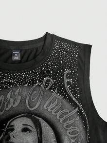 ROMWE MEN Street Life Tank Top Longgar Pria Kasual Modis Gaya Jalanan Serbaguna untuk Perjalanan Sehari-hari, Motif Huruf dan Dekorasi Rhinestone, Musim Panas - Hitam - View 4