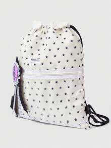 ROMWE Anime Star Printed Backpack, Wings, Pentagram Badge, Lace Trimmed Transparent Zipper Pocket, Large-Capacity Multi-Functional White Drawstring Backpack, Suitable For School, Commuting, Daily Leisure Use, And Going Out. It Is Very Cute. - White pentagram - View 3