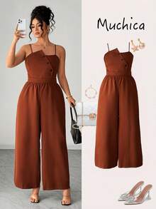 Elenzga Combinaison ample pour femmes grande taille, nouvelle élégante d'été sans manches avec décoration de boutons. Combinaison rétro mode taille haute amincissante avec décoration de boutons. Convient pour le port casual quotidien, les sorties de week-end, les courses, les rassemblements entre amis ou les vacances - Tabac - Voir 8