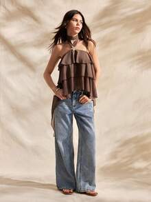 Easelle Áo kiểu cổ yếm hở lưng, vạt bất đối xứng, chất liệu chiffon màu nâu dành cho nữ. - màu nâu - Xem 3