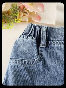 SHEIN Elladie kids Áo thun in nơ cổ tròn đơn giản mùa hè cho bé gái, quần dài cạp chun, quần denim dài, quần dài thắt nơ bên hông, bộ đồ ngọt ngào, thời trang thường ngày - Nhiều màu - Xem 5