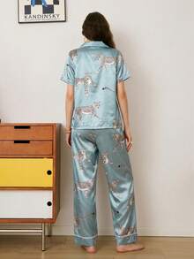 Chillnights Young Leopard Print Contrast Color Cardigan Women Pajama Set - Baby Blue - View 2