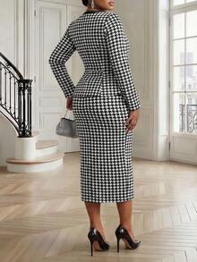 Fleurora Setelan 2 Potong Elegan 2 Potong Motif Houndstooth Ukuran Plus, Gaun Cokelat, Gaun Musim Dingin - Hitam dan Putih - View 2