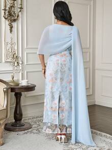 Islaluna 女士花卉贴花圆领优雅披肩袖连衣裙 - 藍色 - 查看 2