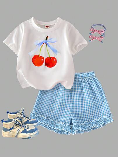 SHEIN 2件套 女童（小号）品牌 韩版 宽松可爱露脐上衣和T恤套装，夏季